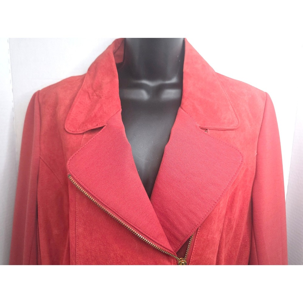 IMAN Tomato Red Genuine Suede Leather Asymmetrical Zip Moto Jacket L‎ Drawstring - Picture 2 of 7